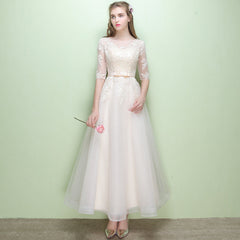Champagne Tulle Round Neckline with Lace Applique Wedding Party Dresses, Lovely Tulle Party Dresses