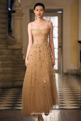 Champagne Tulle Sleeveless Sparkly Rhinestone A-line Prom Dresses, CP1072