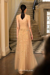 Champagne Tulle Sleeveless Sparkly Rhinestone A-line Prom Dresses, CP1072