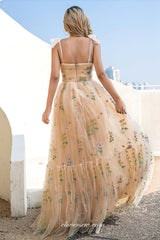 Champagne Yellow Embroidery Tulle A-line Prom Dresses, CP0945
