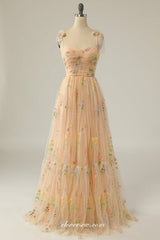 Champagne Yellow Embroidery Tulle A-line Prom Dresses, CP0945
