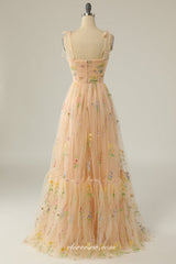 Champagne Yellow Embroidery Tulle A-line Prom Dresses, CP0945