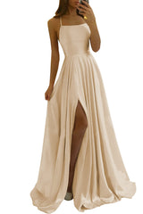 Women’s Long Satin Prom Dresses Spaghetti Straps Bridesmaid Dresses Formal Dress Ball Gowns with Slit