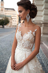 A-line Light Champagne Wedding Dresses Lace Sheer Tulle Stunning Bridal Gowns