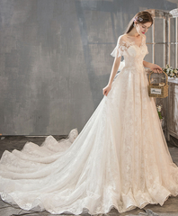 Champagne Tulle Lace Long Wedding Dress Lace Bridal Dress