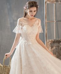 Champagne Tulle Lace Long Wedding Dress Lace Bridal Dress