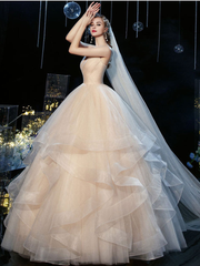 V neck tulle long wedding gown champagne wedding dress