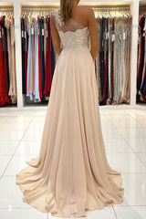 Champagne Chiffon One Shoulder Lace Long Prom Dress Evening Dress TP1033