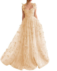 Long Tulle Prom Dress with 3D Butterflies Floor Length Formal Evening Party Gowns for Women Lace Applique