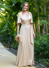 Champagne Gold V-neck Half Sleeve Long Formal Bridesmaid Dress