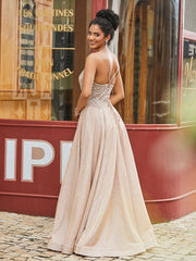 Metallic Beaded Lace Applique Bodice Dress with Pocket Champagne Gold