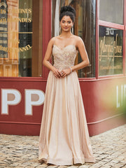 Metallic Beaded Lace Applique Bodice Dress with Pocket Champagne Gold