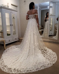 Chantily Lace Wedding Dress Sweep Train Off Shoulder