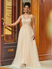Boho Lace Bodice Square Neck A-line Tulle Dress Champagne