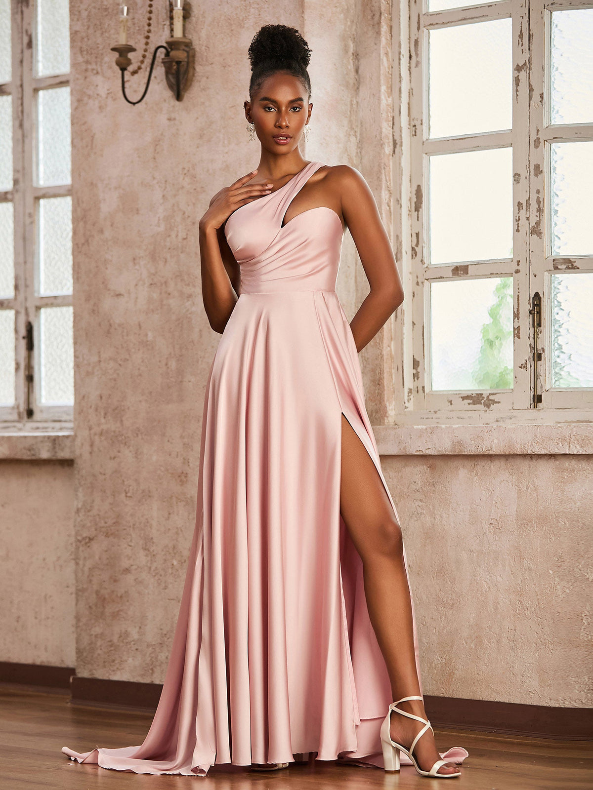 One Shoulder Acetate Satin Dress Blushing Pink