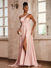 One Shoulder Acetate Satin Dress Blushing Pink