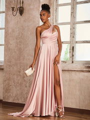 One Shoulder Acetate Satin Dress Blushing Pink