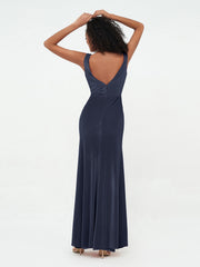 Mermaid Max Velvet Dresses with V Neckline Dark Navy