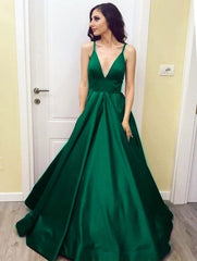 Charming V-neck Ball Gowns Prom Dress Floor Length Satin Evening Gown