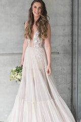 Charming A-Line Tulle Embroidery Appliques V-neck Bohemian Wedding Dress TN242