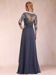 Charming A-lineprincess round neck seven quarter sleeve chiffon with decals and ruffles Mother of the Bride Dresses
