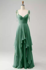 Charming A-line silhouette with thin shoulder straps, chiffon ruffles, and ground length Bridesmaid Dresses