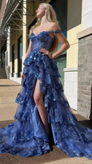 Charming Applique Tiered A-Line Senior Prom Dress, Long Party Gown,AST1622