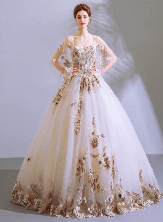 Charming Ball Gown Tulle with Flower Lace Applique Sweet 16 Dress, White Formal Dresses
