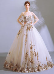 Charming Ball Gown Tulle with Flower Lace Applique Sweet 16 Dress, White Formal Dresses