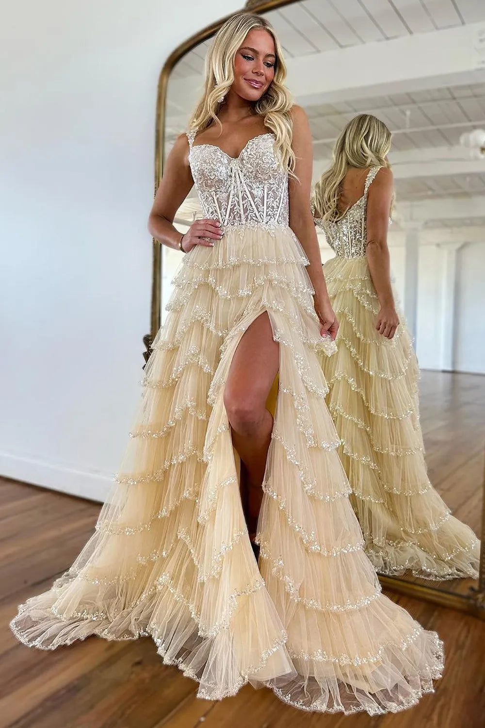 Wholesale Charming Off The Shoulder A-Line Long Tiered Prom Dress With Sequin prom dresses with long sleeves