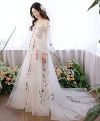 Charming White Tulle with Lace Off Shoulder Wedding Party Dresses, White Formal Dresses