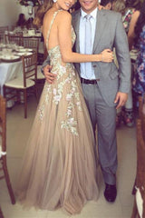 Charming A-Line Deep V-Neck Tulle Prom Dress with Appliques  TP0895