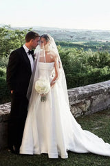 Charming A Line Strapless Long Train Wedding Dresses with Split Front/No Veils
