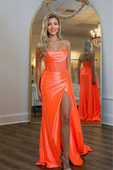 Charming Mermaid Scoop Neck Orange Long Prom Dress With Slit TP1342