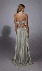 Charming long satin pleated A-line skirt with bead embellishments, natural waistline exposed, low perspective V-neck Prom Dresses