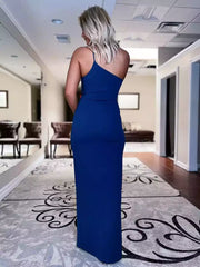 Charming mermaid chiffon and floor sleeveless slit backless single shoulder collar Prom Dresses