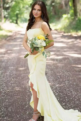 Charming mermaid satin square neck sleeveless ruffle hem and slit lace up back Prom Dresses