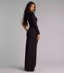 Charming one shoulder neckline hollowed out slim fit long sleeves with high side seams, column shaped contours, and floor hem Prom Dresses