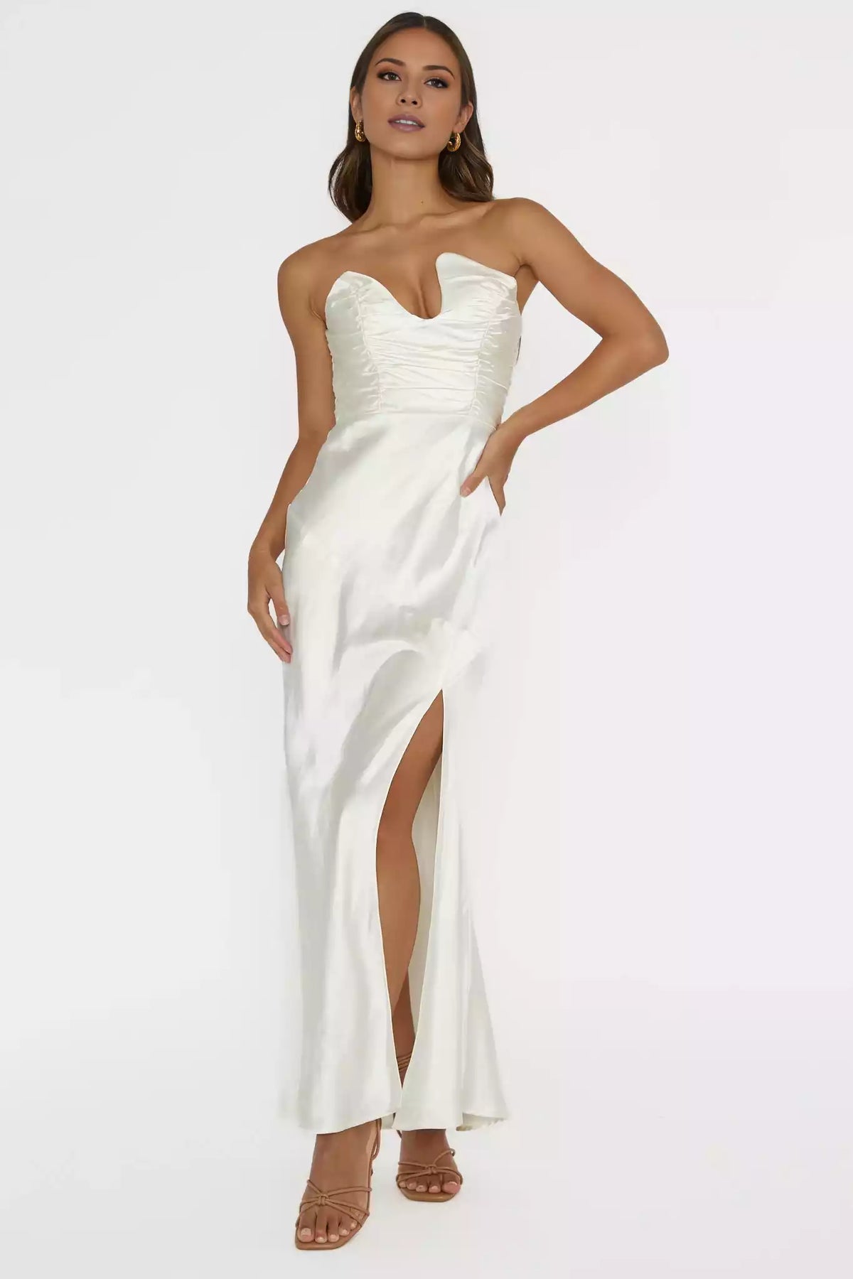 Charming satin long unlined strapless corset with side slits and hidden zippers Prom Dresses