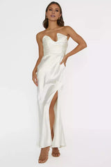 Charming satin long unlined strapless corset with side slits and hidden zippers Prom Dresses