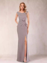 Charming slim fit/straight V-neck sleeveless pleated side slit bow Mother of the Bride Dresses