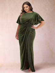 Charming slim fit/straight round neck short sleeved plus size side slit ruffle hem Mother of the Bride Dresses