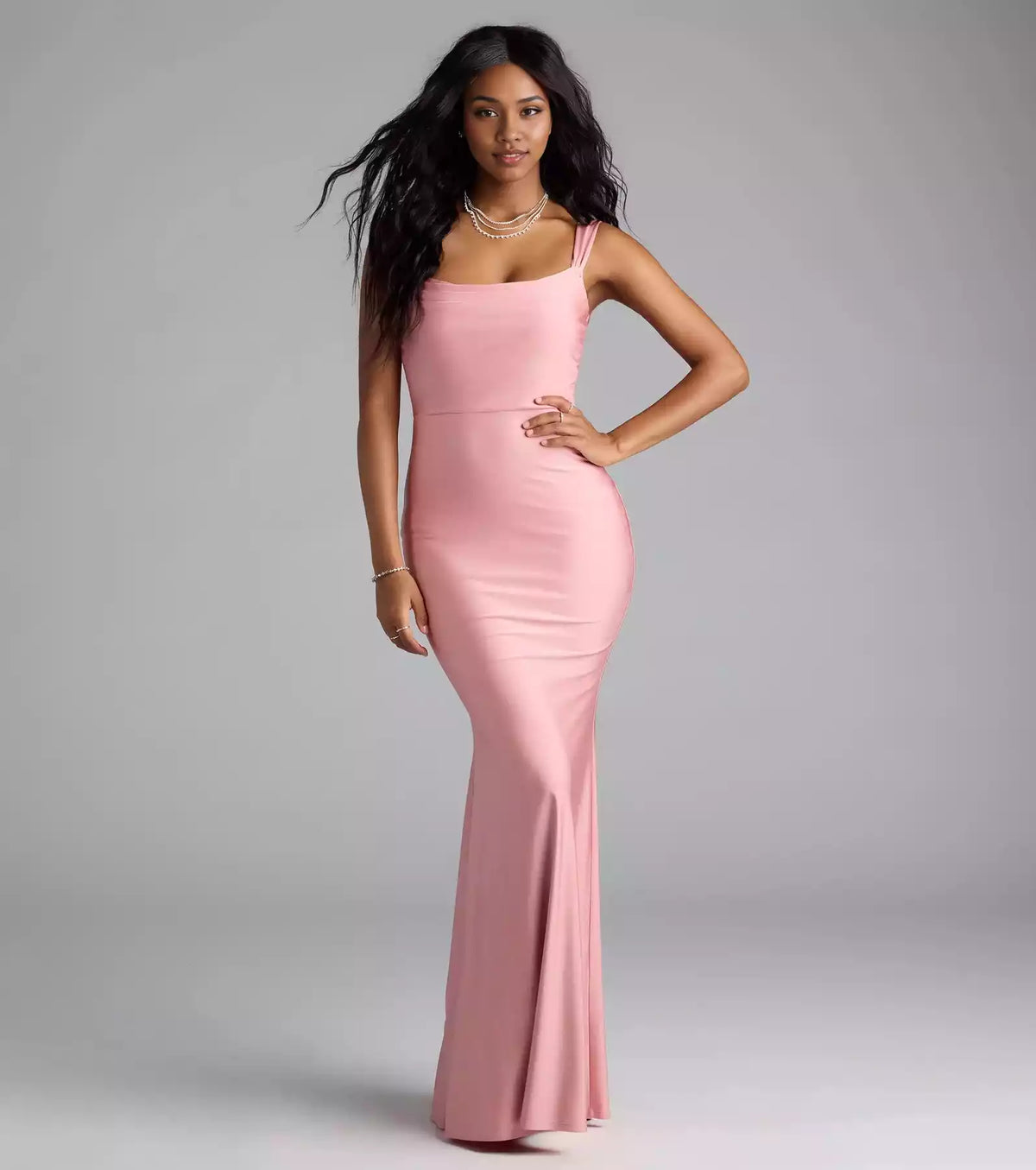Charming smooth knit hanging collar, wide shoulder strap, mermaid and floor Prom Dresses