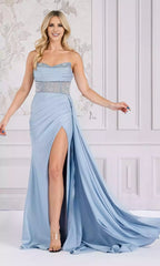 Charming strapless long see through corset with pleats resembling wrap and side slits hanging down Prom Dresses