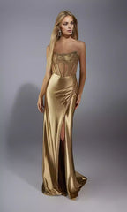 Charming strapless slim cut chest adorned with sequins see through tight corset front slit Prom Dresses