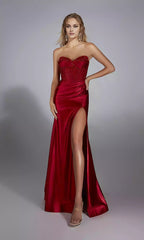 Charming stretch satin slim fit long strapless corset with back lace up slit Prom Dresses