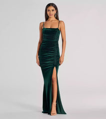Charming velvet square neckline with adjustable thin shoulder straps, pleated corset, high slit Prom Dresses