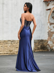 Diamand Corset Stretch Satin Maxi Dress Dark Navy