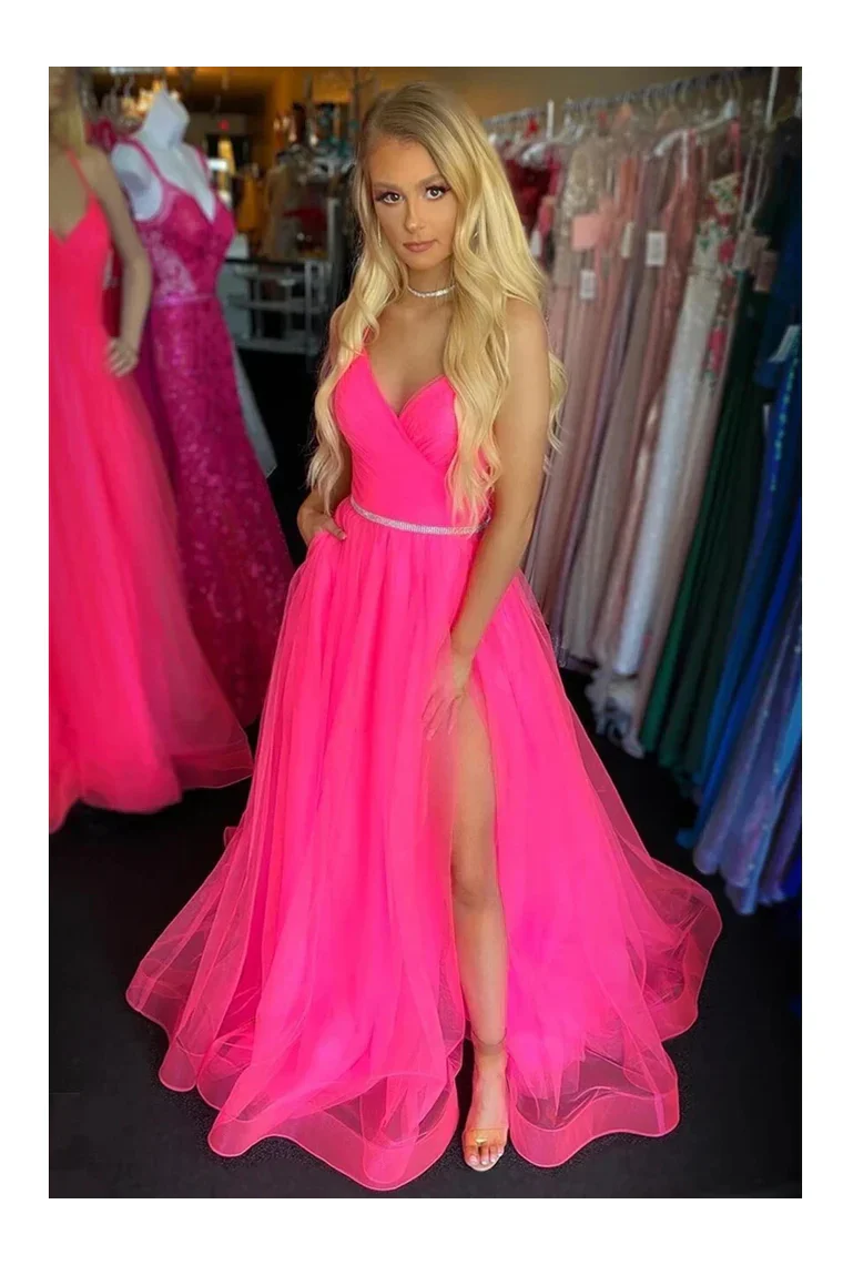 Aimishang Long Prom Dresses Cheap Backless Tulle Straps With Split, Criss-Cross Straps Evening Dresses