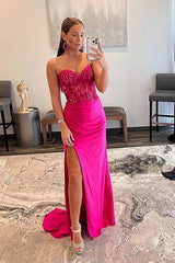 Cheap 2024 Hot Pink Lace Prom Dresses Strapless Sleeveless Formal Dress with Split